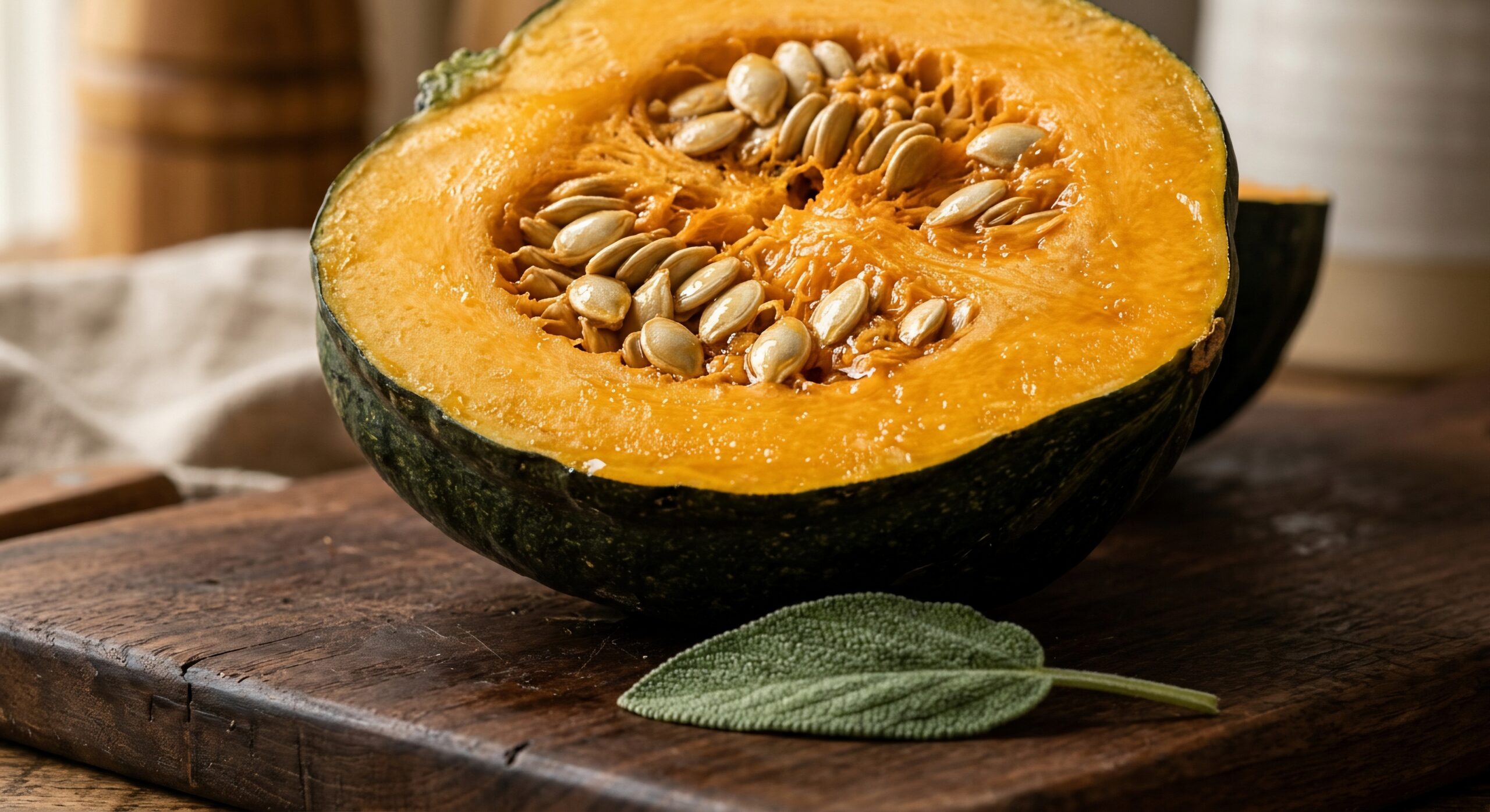 A dark green pumpkin cut in half on a wooden board, showing bright orange flesh and a ring of pale seeds, with a sage leaf beside it.