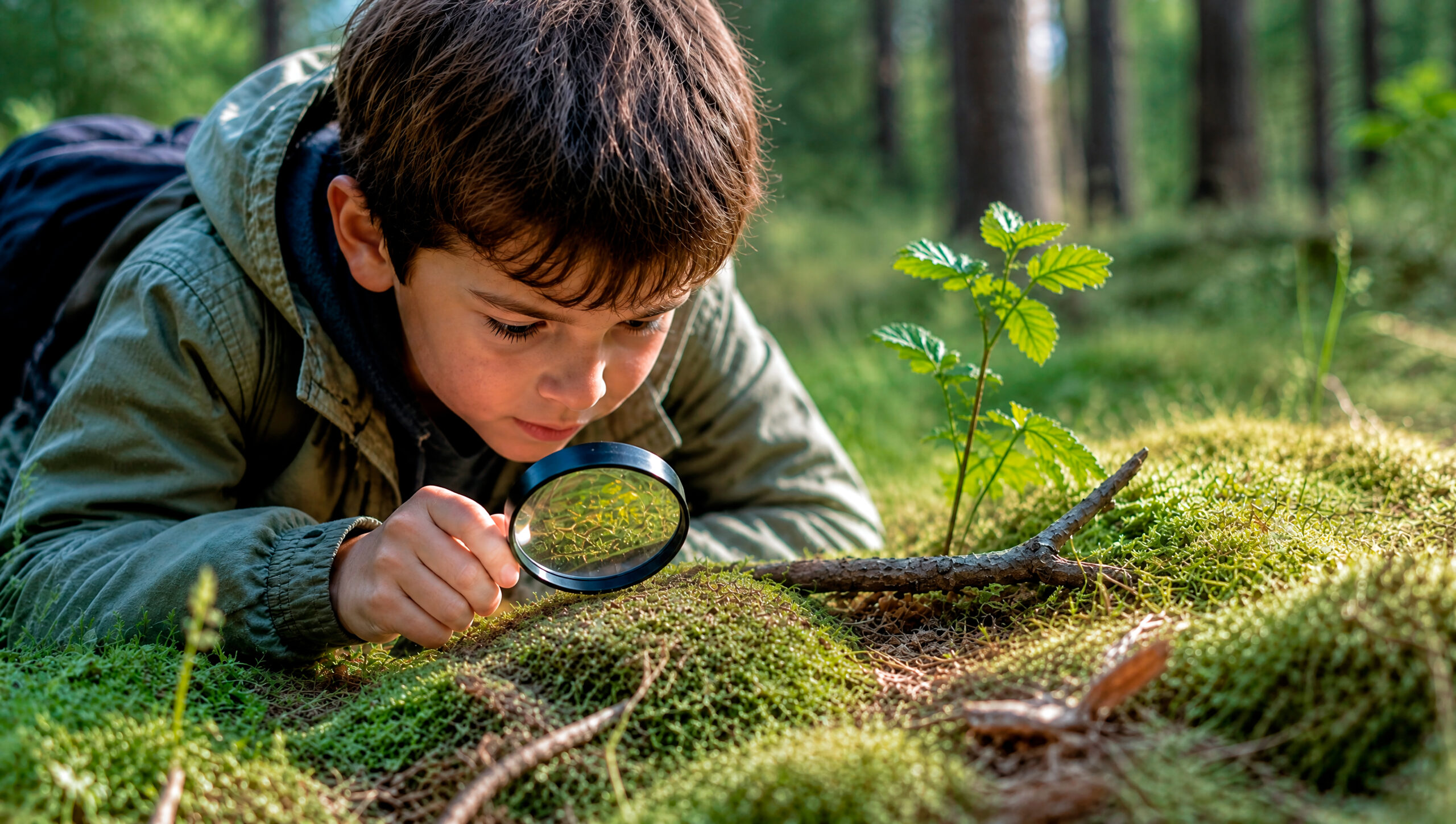 A boy crouched on a forest floor examining moss and plants through a magnifying glass