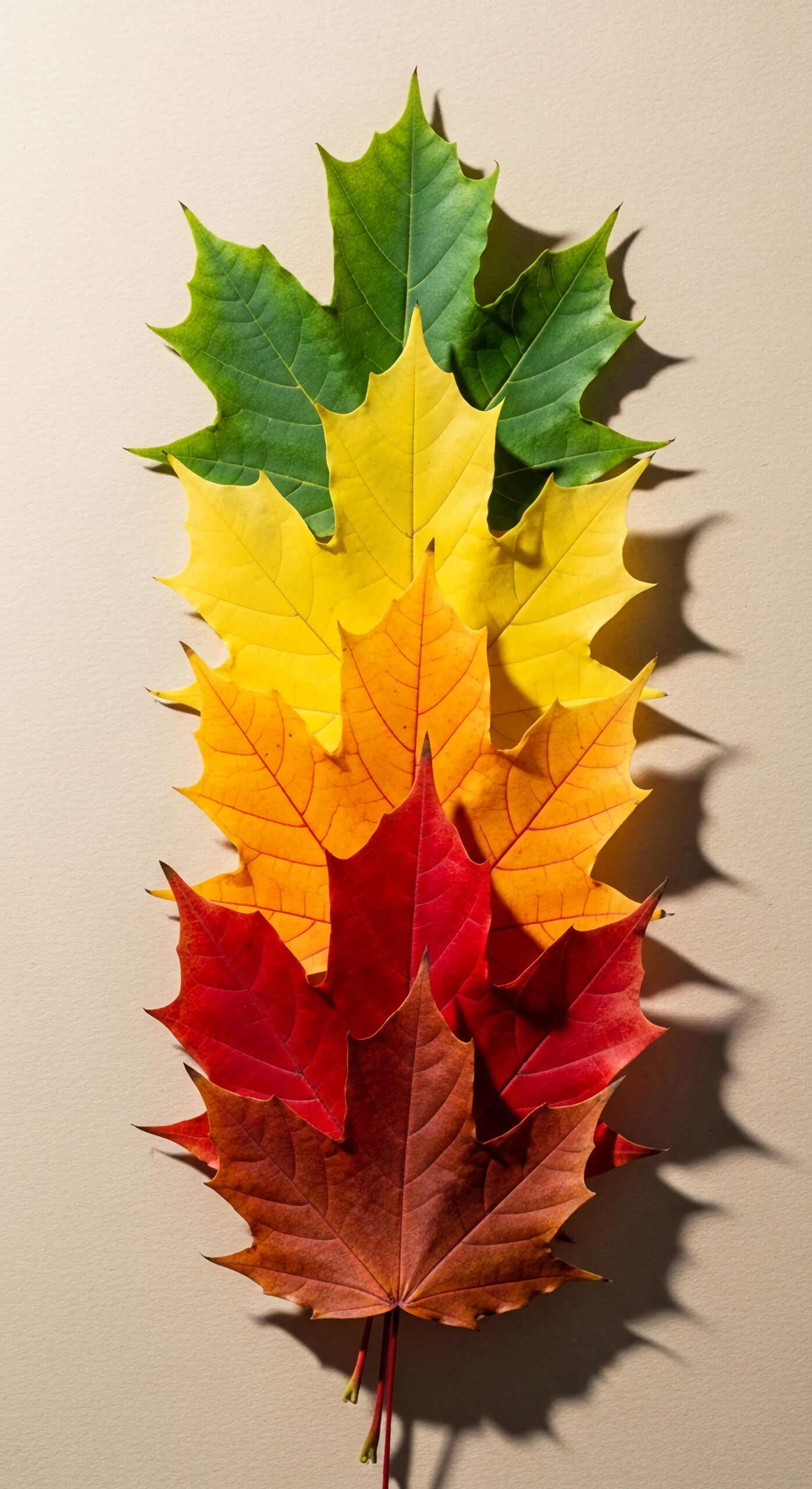 Maple leaves arranged in a gradient from green through yellow and orange to red