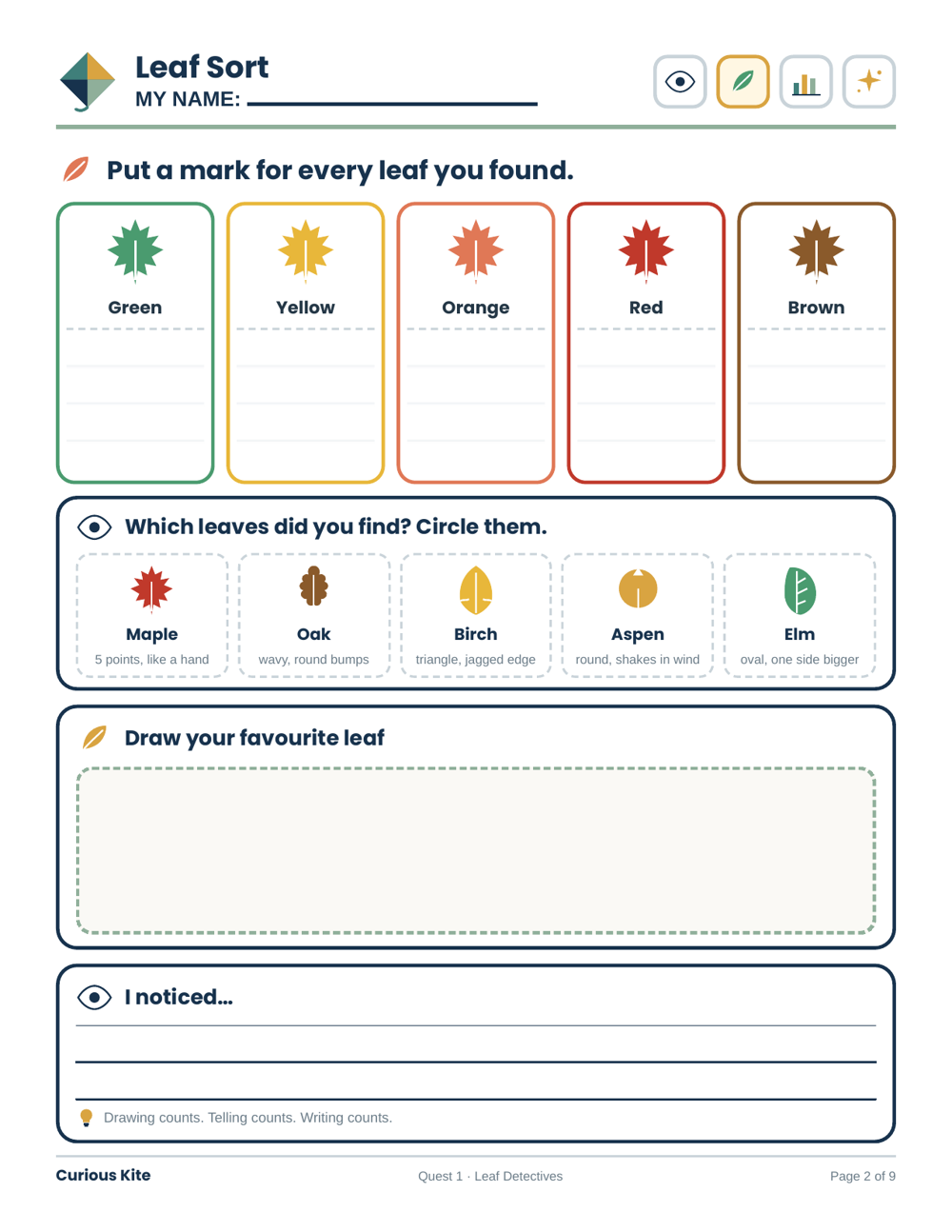 Leaf Sort page: five colour columns to tally leaves, a leaf identification row, a box to draw a favourite leaf, and an I noticed line