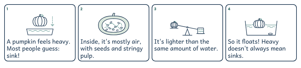 Four-frame comic: a pumpkin held over a tub of water with an arrow pointing down; a pumpkin cut in half showing a thick wall around a hollow full of air, seeds and strings; a balance with a pumpkin rising on one side and a same-size block of water sinking on the other; the pumpkin floating in the tub while a coin lies on the bottom.
