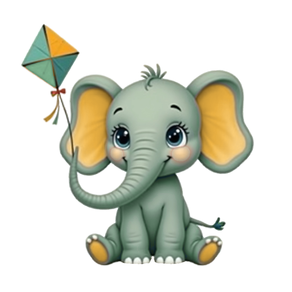 Tully, Curious Kite’s young sage-green elephant, sitting and smiling with a kite.